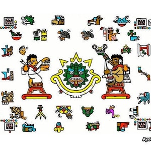 May include: A colourful illustration of a green monster with a crown, surrounded by various symbols and figures. The illustration is titled "Ayotzintli".