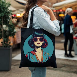 Retro Pop Art Tote Bag, Vintage Girl with Sunglasses Print, Aesthetic Fashion Tote, Colorful Graphic Shoulder Bag, Trendy Gift for Her