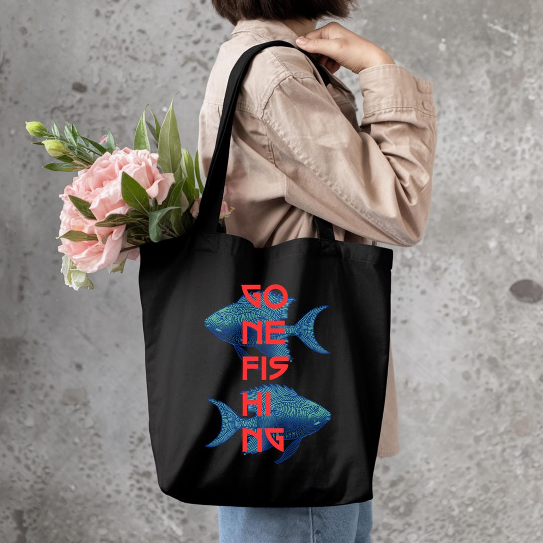 Gone Fishing Tote Bag, Funny Fisherman Gift, Nautical Blue Fish Print ...