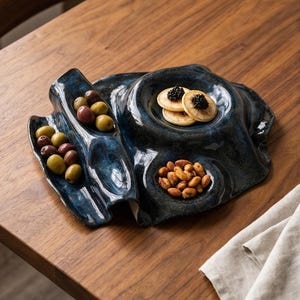 Peut inclure: Un plat de service en céramique bleu foncé avec plusieurs compartiments. Le plat contient des olives, de petits pancakes garnis de caviar et des amandes. Le plat est posé sur une table en bois avec une serviette en lin.