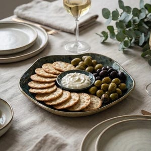 Peut inclure: Un plateau de service en céramique avec un bord bleu-vert présente des crackers, des olives et un petit bol de sauce. Un verre de vin blanc et des assiettes sont sur une nappe neutre, pour un apéritif.