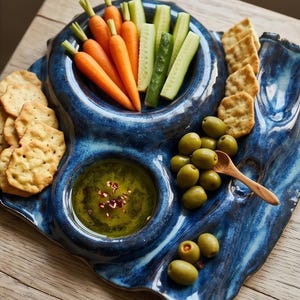 Piatto da portata in ceramica, ideale per avviare conversazioni, vassoio da aperitivo drappeggiato e realizzato a mano.