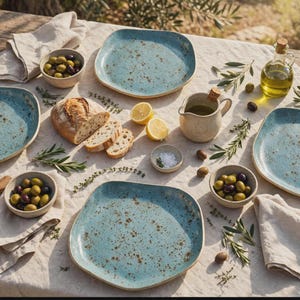 Peut inclure: Un ensemble de quatre assiettes carrées en céramique bleu clair avec une finition mouchetée brune, disposées sur une nappe en lin beige avec deux petits bols d'olives vertes et noires, un pichet en céramique, du pain tranché, des citrons et des herbes.
