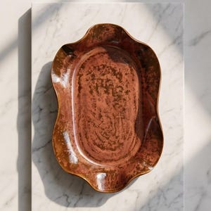 Molten Sculptural Ceramic Tray – Handmade Decorative Stoneware Object – Copper Patina Glaze – Organic Wavy Catchall Dish
