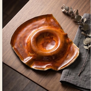 Chip and Dip Platter, Large Ceramic Copper Orange Stoneware Serving Tray