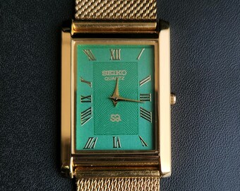 Vintage Überholte Seiko Slim Green Face Quarz Mesh Band Uhr : Vintage Rechteckiger Kleidungsstil