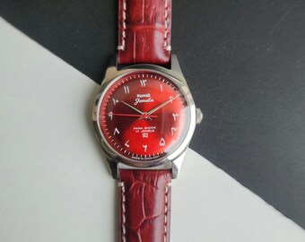 Vintage HMT Janata Hand Winding Red Face 17 Jewels 35MM Exhibition Back Tan Leather strap Men's Wrist Watch A54