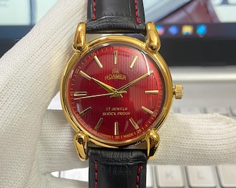 Vintage Roamer Mechanical Watch: Red Face, Black Leather Strap