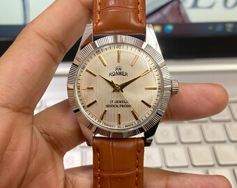 Vintage Roamer Mechanical Watch, Silver Face, Brown Leather Strap