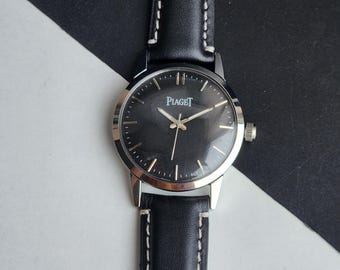 Vintage Piaget Hand-Winding Watch: 17 Jewels, Black Face, Leather Strap