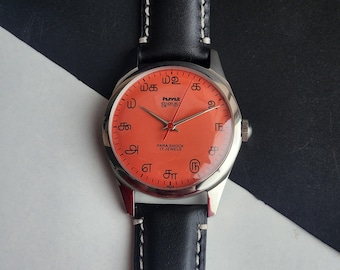 Vintage HMT Janata Tamil Zifferblatt, Pfirsich Gesicht, schwarzes Leder