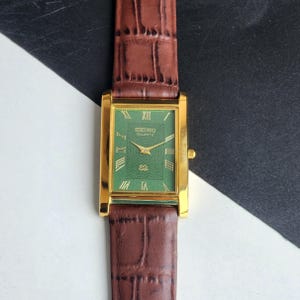 Seiko Slim Refurbish Quartz Herren Grünes Gesicht Seltene Dress Style 26 mm Gehäuse Vintage Gentlemen &#39;s Armbanduhr B04 Rechteckig