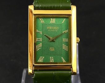 Vintage Überholte Seiko Slim Green Face Green Band 26 mm Quartz Rechteckige Herrenuhr