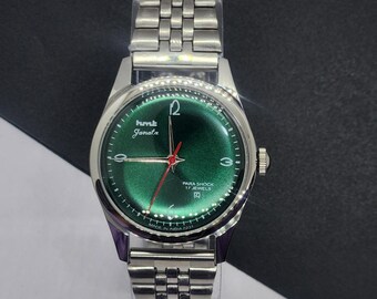 Reloj de pulsera vintage HMT Janata de cuerda manual con esfera verde, 17 joyas, 35 mm, pulsera con cierre de seguridad, para hombre A41