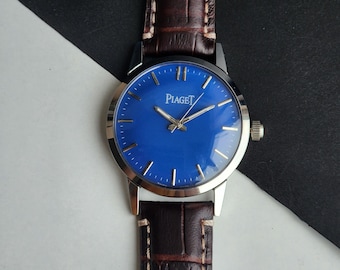 Reloj Piaget vintage de cuerda manual: esfera azul, correa de piel de cocodrilo