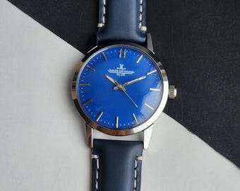 Reloj de pulsera Jaeger-LeCoultre vintage para caballero, esfera azul, 35 mm, revisado.
