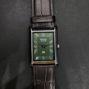 Vintage Refurbished Seiko Slim Quartz Green Face Brown Band 26mm Rectangular Men's Watch