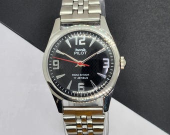 Vintage HMT Pilot Handaufzugsuhr: Schwarzes Ziffernblatt, 17 Jewels