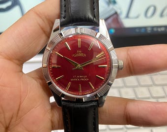 Roamer Vintage Mechanische Uhr, Rotes Ziffernblatt, Schwarzes Lederarmband