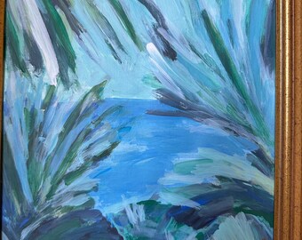 Original Acrylic Painting on Archival Paper, 8x10, Tropical Island Beach Art in Blues and Greens - Beach Decor, Wall Art, Summer Decor