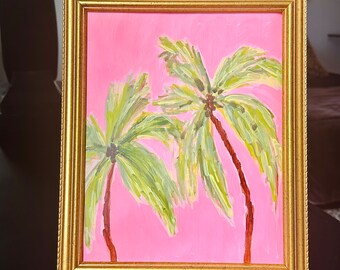 Original Acrylic Painting on Archival Paper, 8x10, Tropical Island Beach Art in Pinks and Greens, titled, "Pink Sky Palms", 1/3 series