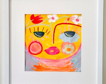 Bella Donna - Pretty Woman, 8"x8" Abstract Face Art, Original Painting on Paper - "Flower Power" - Wall Decor