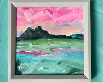 Pink Sky Abstract Painting in Acrylic on Heavyweight, acid free paper sealed with a glossy varnish - Waterton Lakes, Alberta, Canada