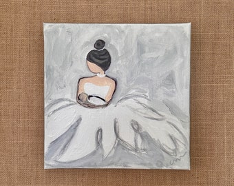 Original Painting on Canvas - Mother & Child - 8"x8" - White, gray, silver - Perfect Gift Idea for Mother's Day, Baby Showers, and Birthdays