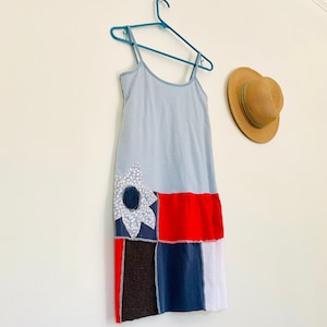 Artsy OOAK Patriotic Red, White, & Blue Spaghetti Strap Jersey Dress - Repurposed / Upcycled Women&#39;s Tunic Dress - Size Small to Medium