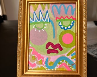 5"x7" Abstract Face Art, Original Acrylic Painting on Canvas - Bold, bright feminine wall art - Pink, Blue, Green, & Taupe
