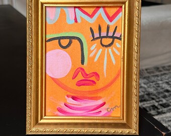 5"x7" Abstract Face Art, Original Acrylic Painting on Canvas - Bold, bright feminine wall art -  Orange, Pink, Purple, Green, Blue