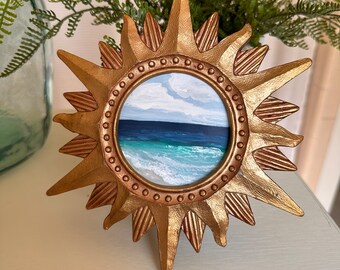 Beautiful Original Seascape - Miniature Painting in a Vintage Gilded Sunburst Frame - Ocean Landscape Beach Decor