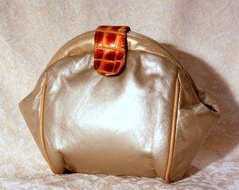 Fun Metallic Leather Purse with Tortoise Shell Detail - Vintage 1980's - Gold, Silver, & Brown - Fish Mouth Opening