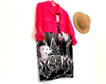 Bright Pink & Black Women's Overcoat - Size M - Upcycled, Repurposed, Refashioned - Shirt Dress - Jacket - Blazer - Smock