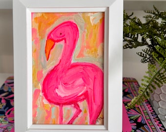 Abstract Pink Flamingo Painting - Original Artwork on Canvas - Coastal / Beach Decor - Beach Wall Art - Bright Pink, Orange, Mint, & White