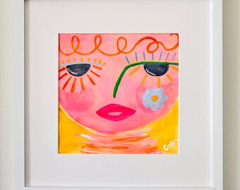 Bella Donna - Pretty Woman, 8"x8" Abstract Face Art, Original Painting on Paper - "Color Me Pink" - Wall Decor