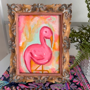 Abstract Pink Flamingo Painting - Original Artwork on Canvas - Vintage Gold Frame - Coastal / Beach Decor