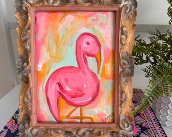 Abstract Pink Flamingo Painting - Original Artwork on Canvas - Vintage Gold Frame - Coastal / Beach Decor