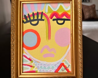 5"x7" Abstract Face Art, Original Acrylic Painting on Canvas - Bold, bright feminine wall art - Pink, Orange, Greens, & Purples