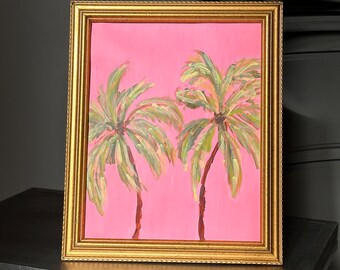 Original Acrylic Painting on Archival Paper, 8x10, Tropical Island Beach Art in Pinks and Greens, titled, "Pink Sky Palms", 3/3 series