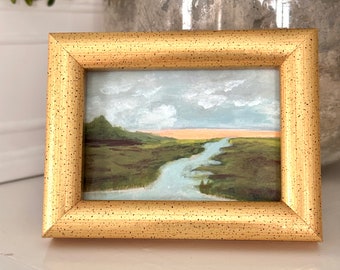 Beautiful Original Landscape - Miniature Painting in a Vintage Frame - Gold Leaf -"Sunset on the River"