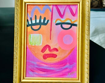 5"x7" Abstract Face Art, Original Acrylic Painting on Canvas - Bold, bright feminine wall art - Pink, Orange, Greens, & Purples