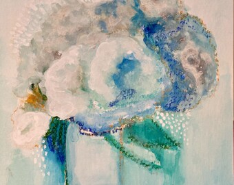 Original Abstract Floral Painting - Acrylics & Pastels - 6"x6" - Abstract Art, Floral Paintings, Blues and Greens
