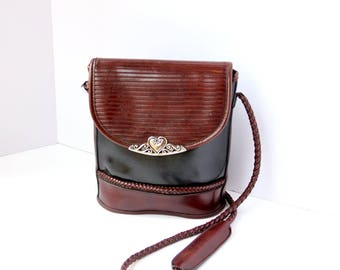 Black & Brown Bucket Purse with Silver Metal Heart Detail - Vintage 1990s - Excellent Condition