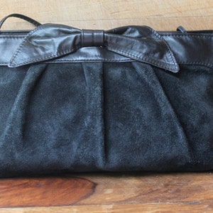 Black Suede Clutch / Purse - 1980s Vintage Letisse - with Pleating and Bow Detail - Adorable & in Excellent Condition