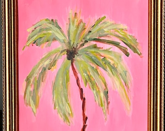 Original Acrylic Painting on Archival Paper, 8x10, Tropical Island Beach Art in Pinks and Greens, titled, "Pink Sky Palms", 2/3 series