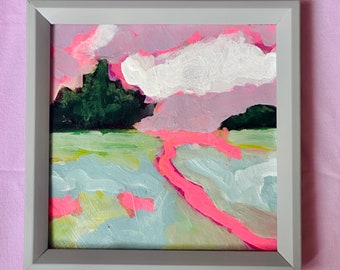 Pink River Abstract Painting in Acrylic on Heavyweight, acid free paper sealed with a glossy varnish - Waterton Lakes, Alberta, Canada