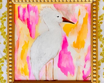 White Heron Painting, 8"x8" Beach Art, Original Painting on Paper - Colorful Wall Decor