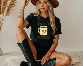 I Need Coffee T-Shirt, Funny Morning Tee, Tired Face Graphic Shirt, Caffeine Lover Gift, Sarcastic Unisex Coffee Shirt for Her or Him
