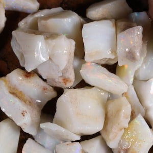 Könnte beinhalten: Eine Sammlung von rohen weißen Opal-Steinen. Die Steine sind in verschiedenen Formen und Größen, und einige haben einen leichten irisierenden Glanz.